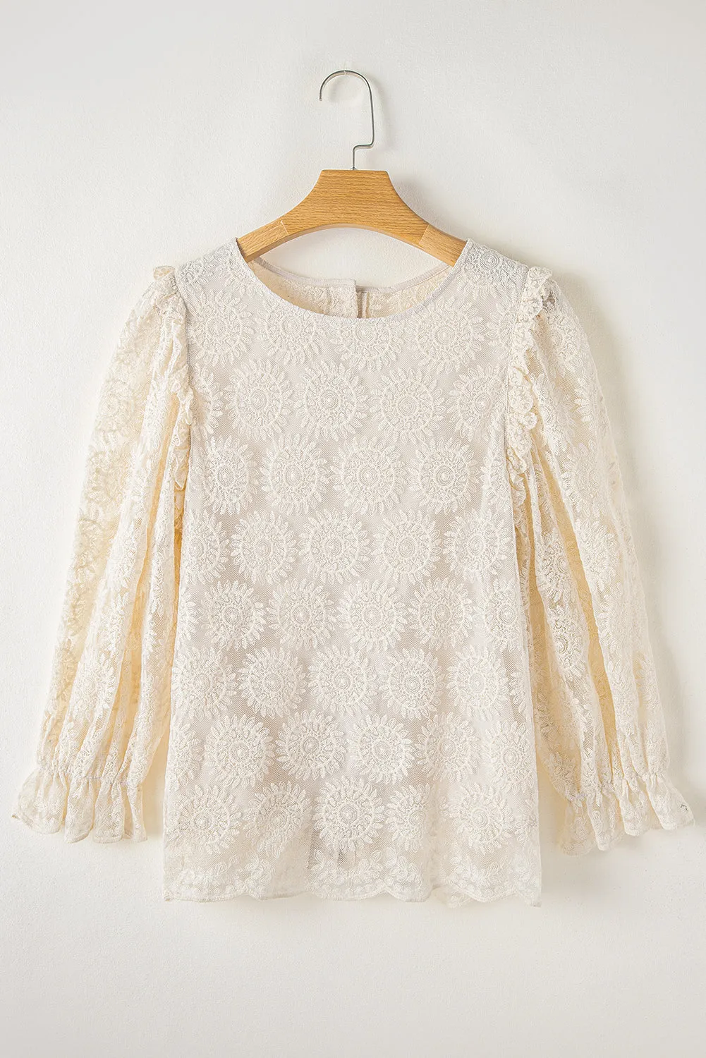 Oatmeal Flower Jacquard Button Back Ruffled 3/4 Sleeve Blouse