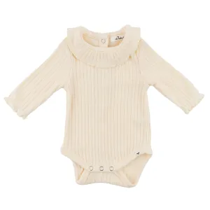 oh baby! Wide Rib Fuzzy Sweater Knit Ruffle Neck Onesie - Vanilla