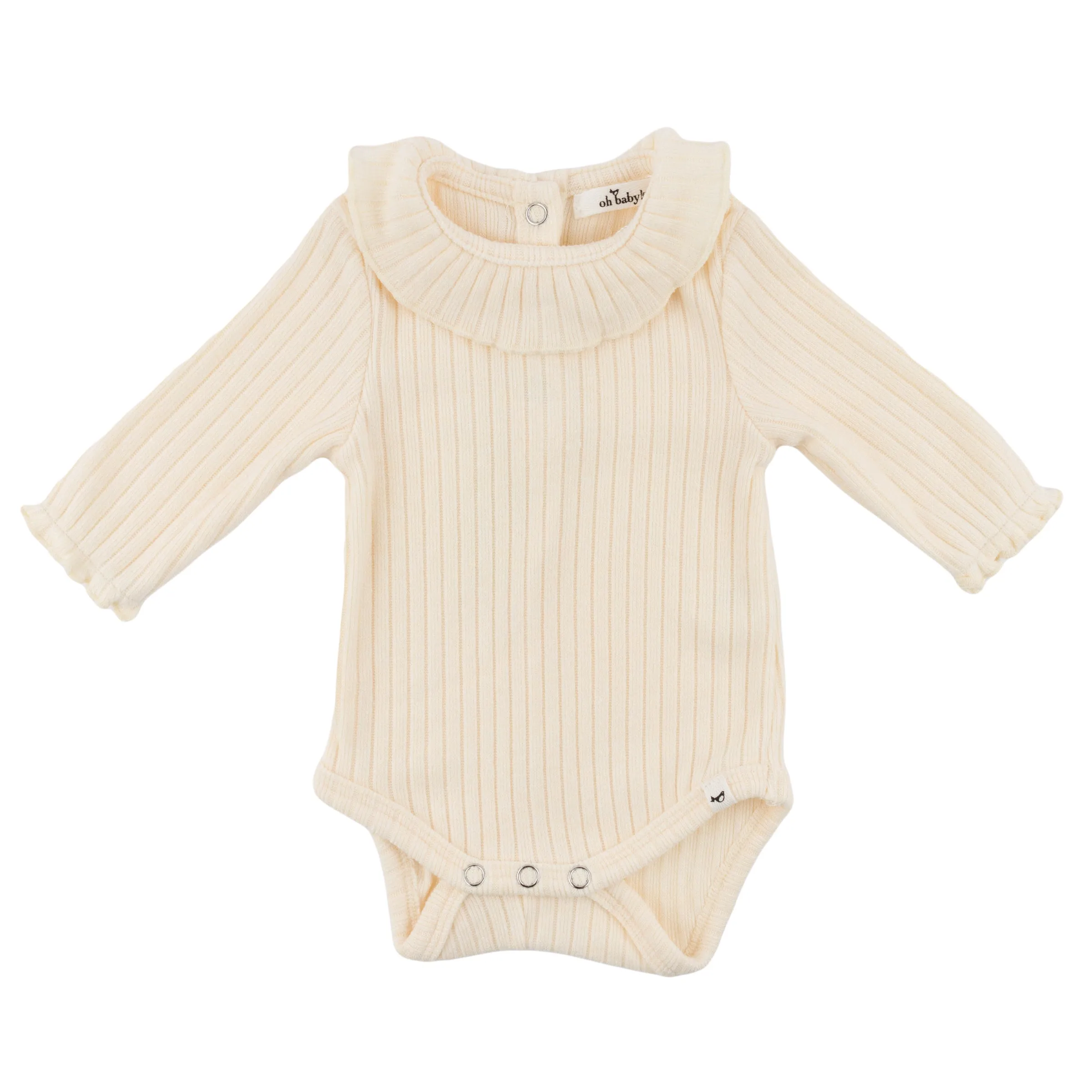 oh baby! Wide Rib Fuzzy Sweater Knit Ruffle Neck Onesie - Vanilla