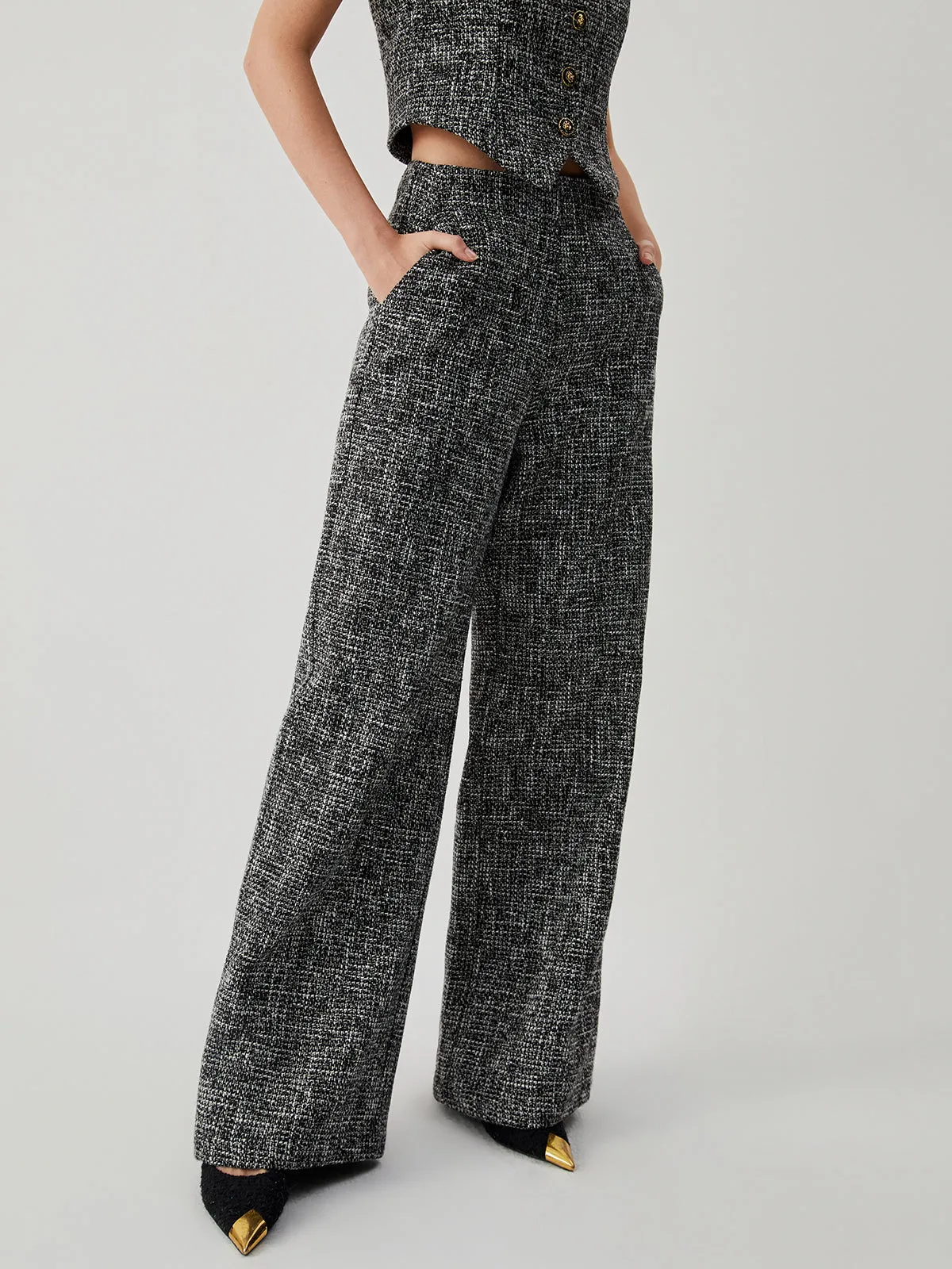 Old Money Tweed Trendy Straight Leg Pocket Pants