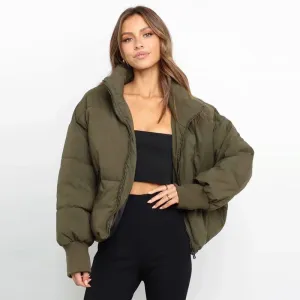 Oversized Stand Collar Side Pocket Zip Front Long Sleeve Puffer Jacket - Army Green