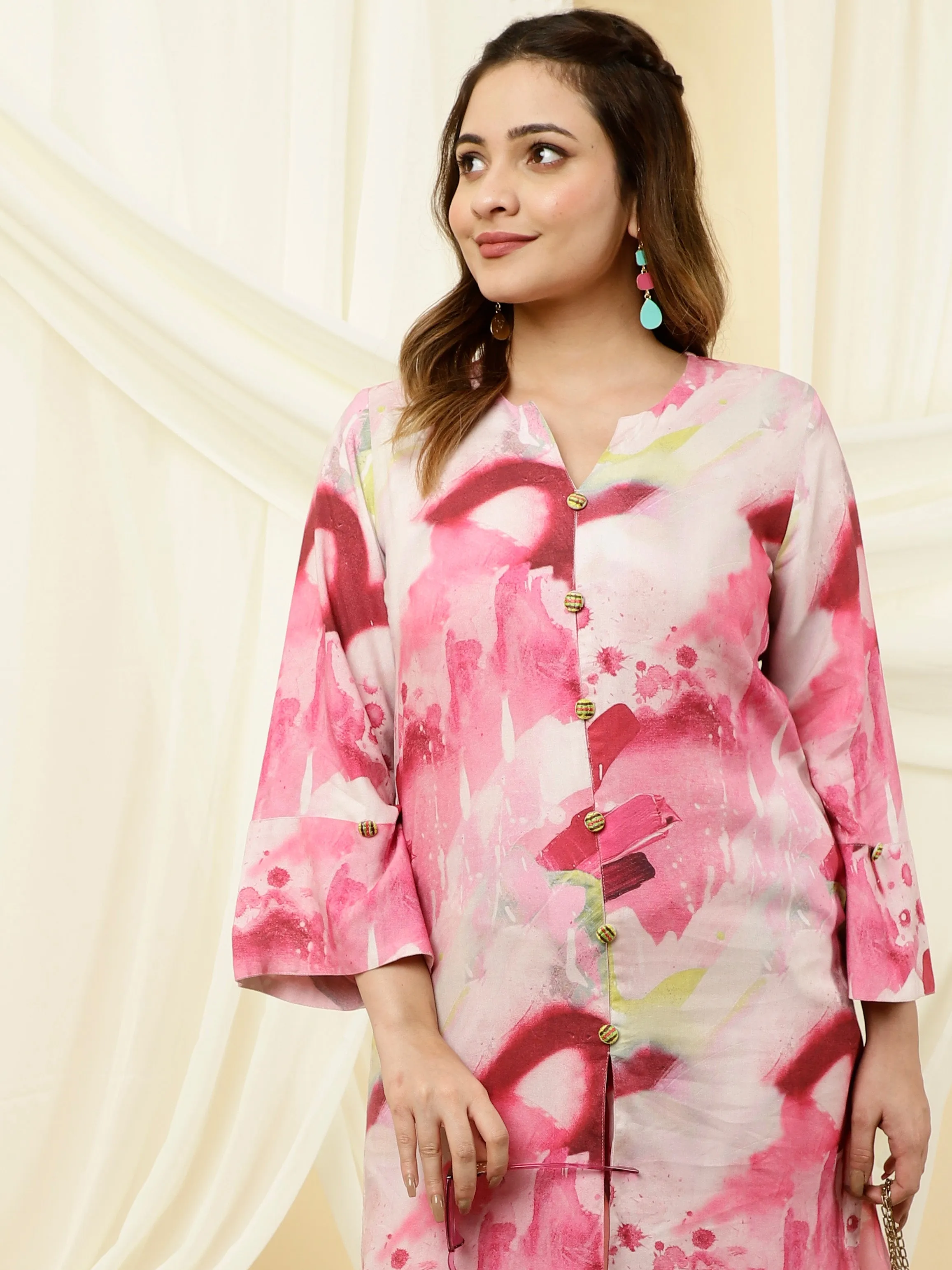 Pink Abstract Print Straight Kurta And Palazzo