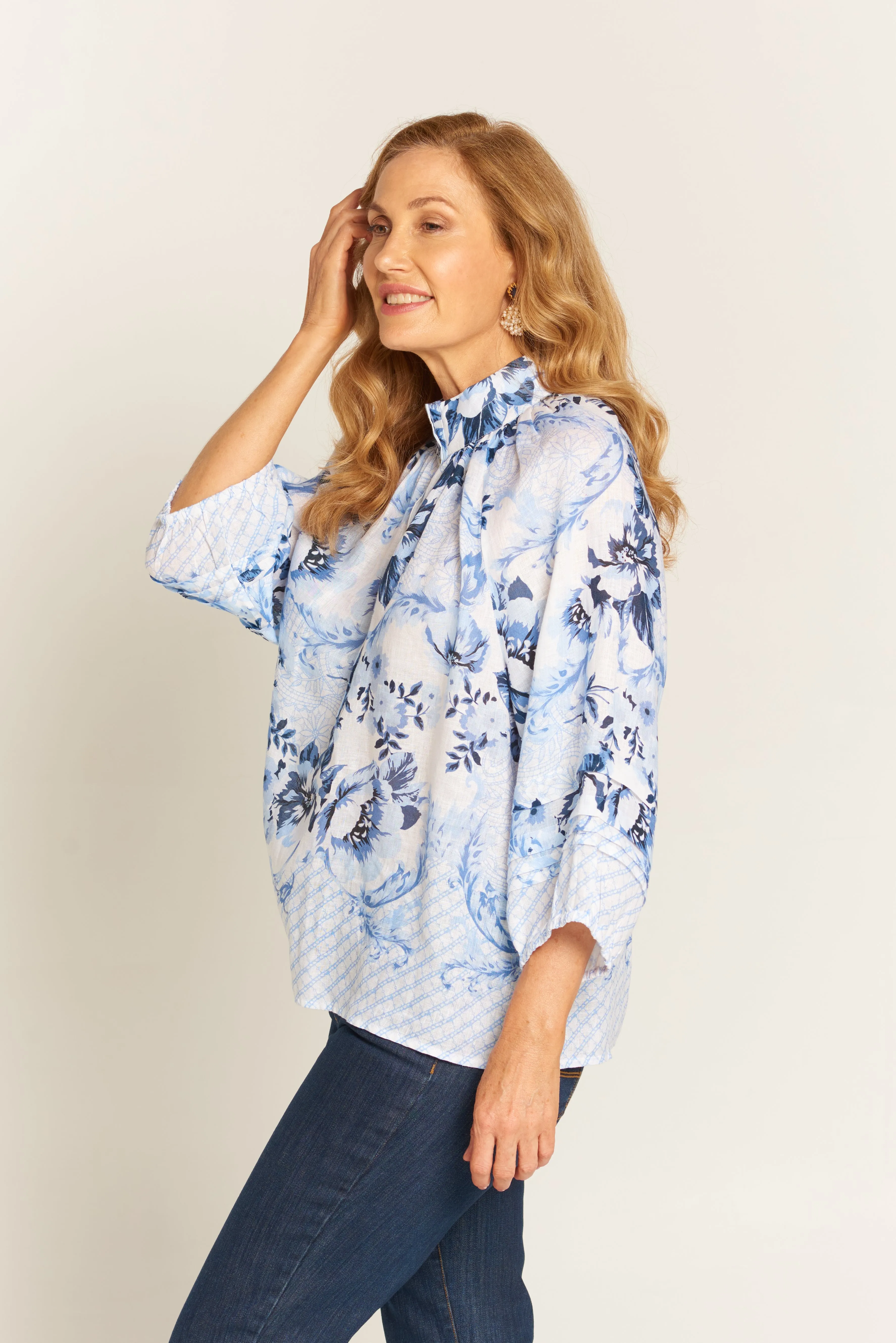 Pleat Sleeve Linen Blouse Bordered Blue Floral