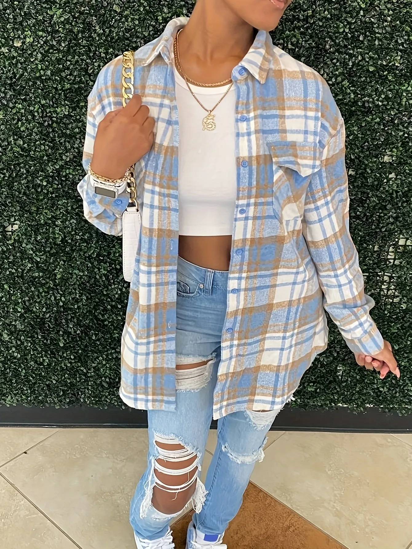 Plus Size Plaid Print Turn Down Collar Top