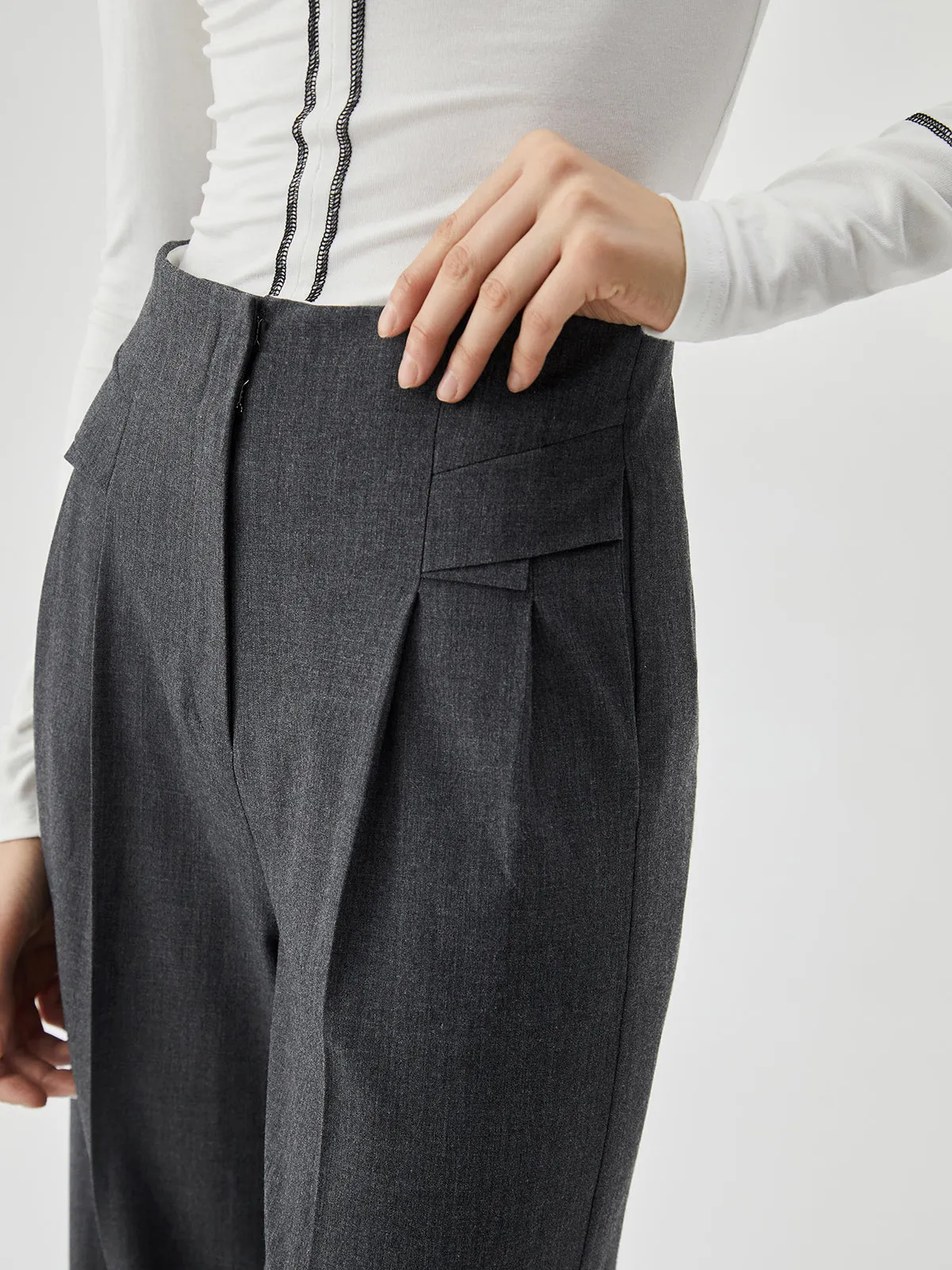 Pocket Pleated Straight Trendy Leg Dress Pants