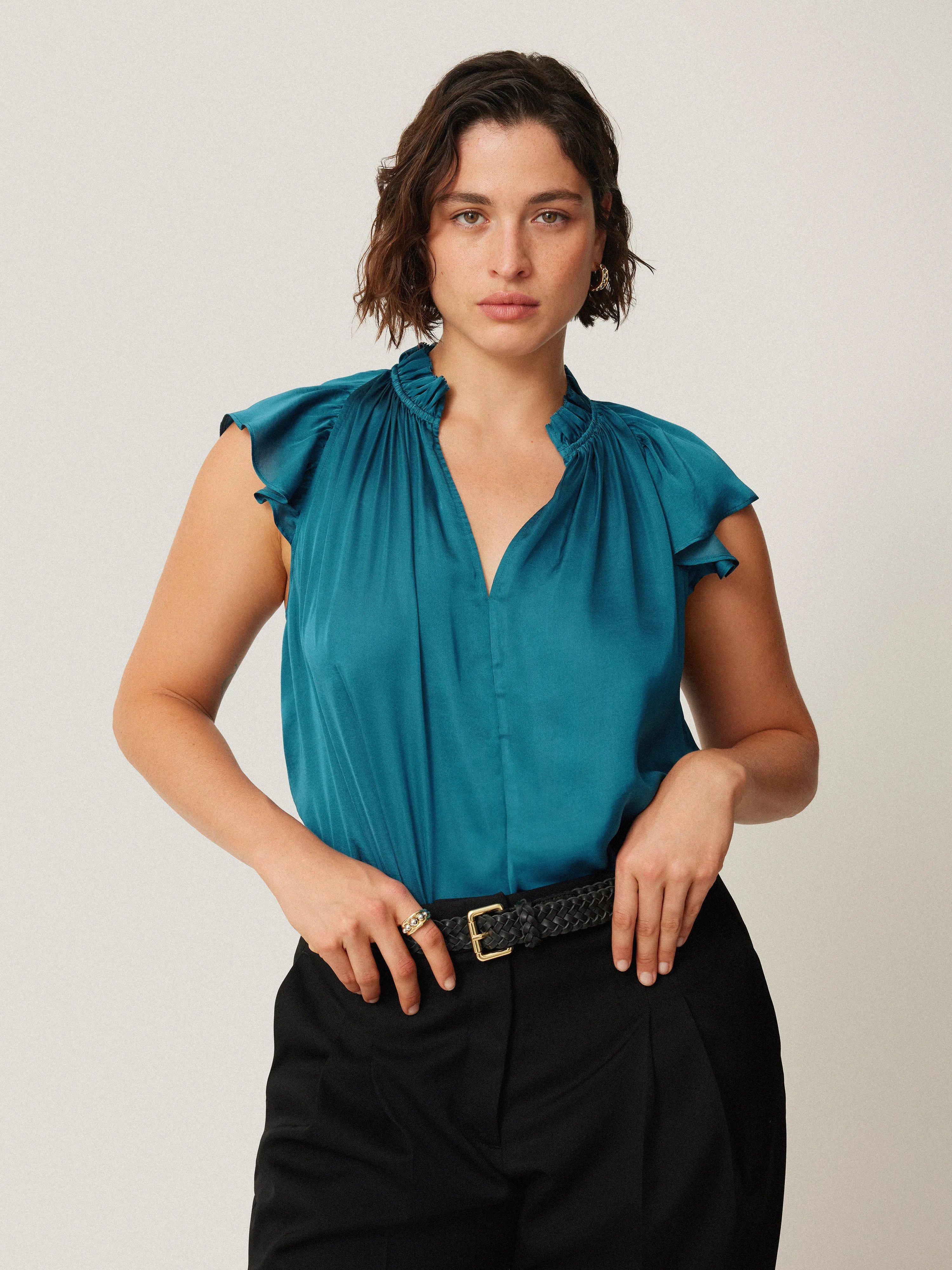 Recycled Satin Frill Neck Top | Blue