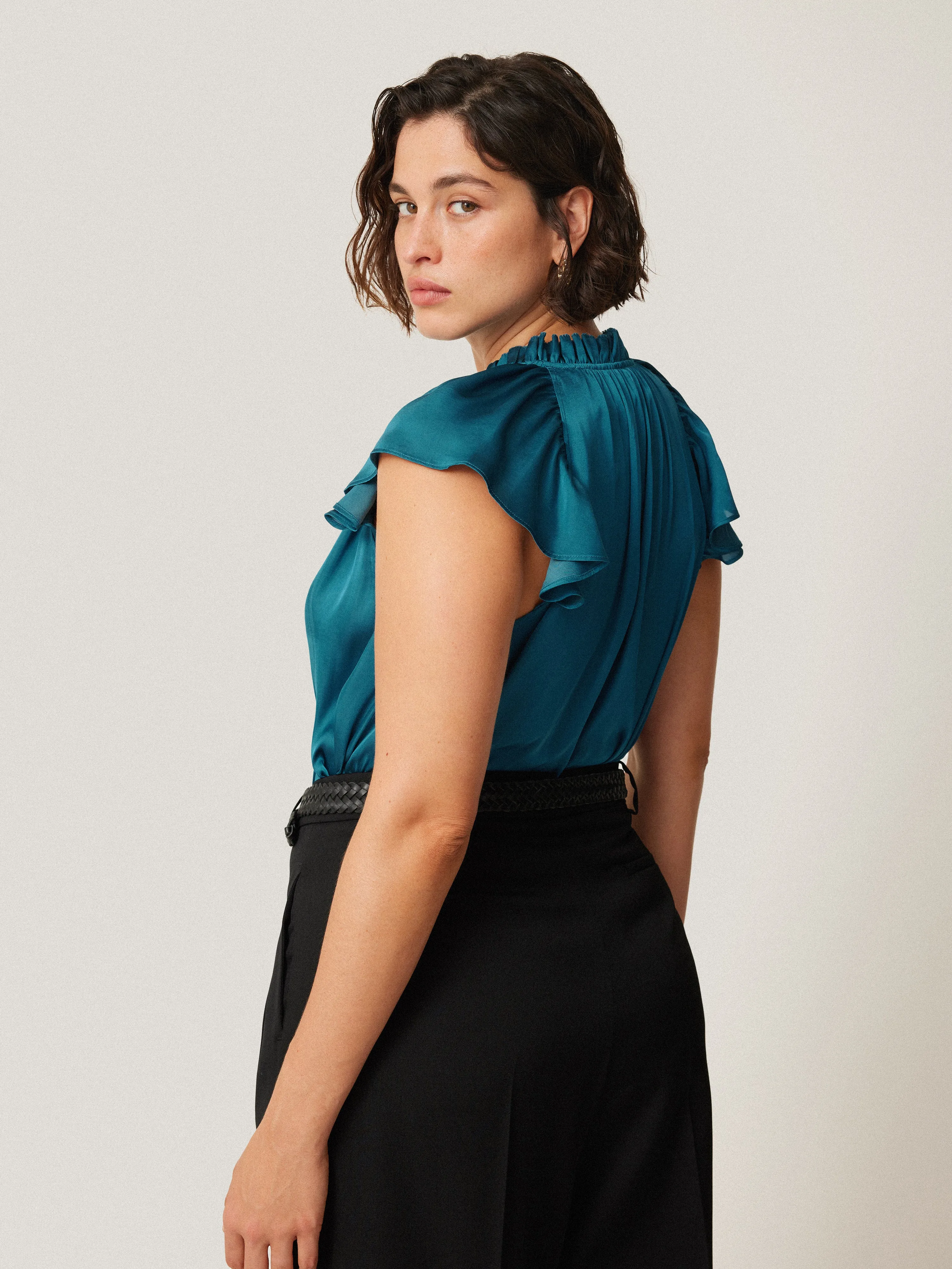 Recycled Satin Frill Neck Top | Blue