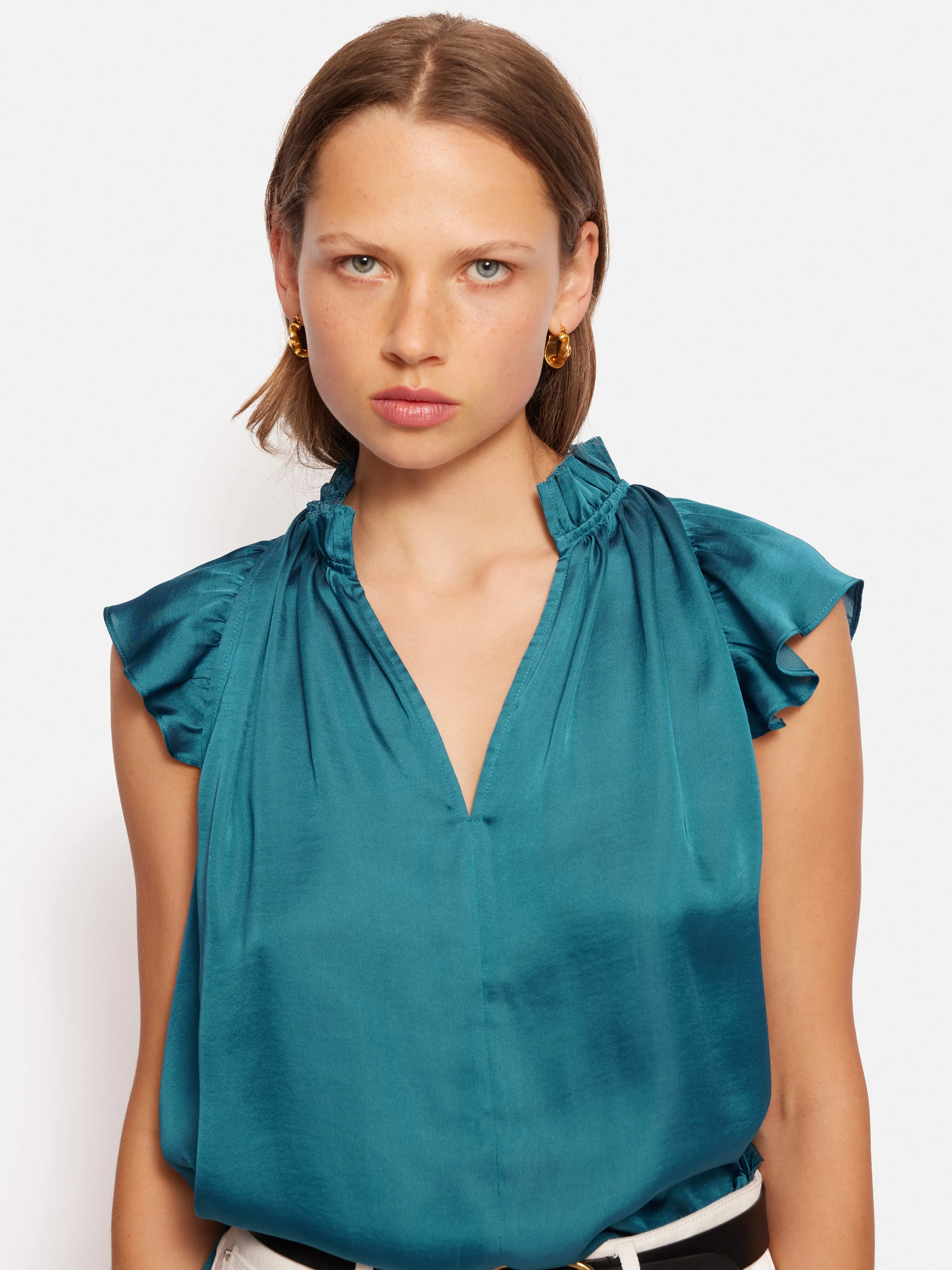 Recycled Satin Frill Neck Top | Blue