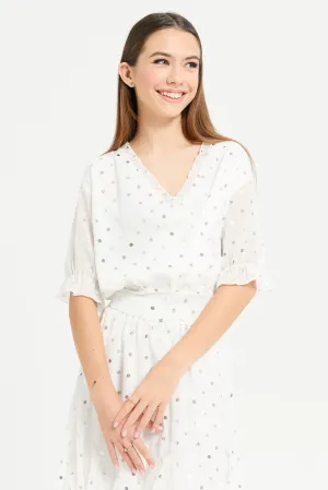 Senior Girls White Chiffon Polka Dots Blouse