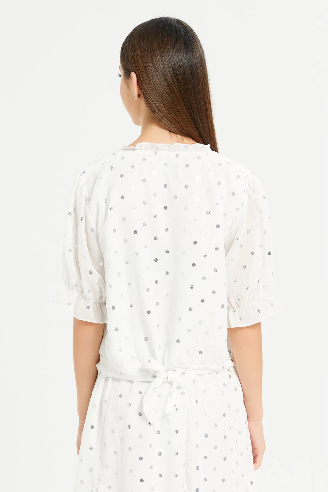 Senior Girls White Chiffon Polka Dots Blouse