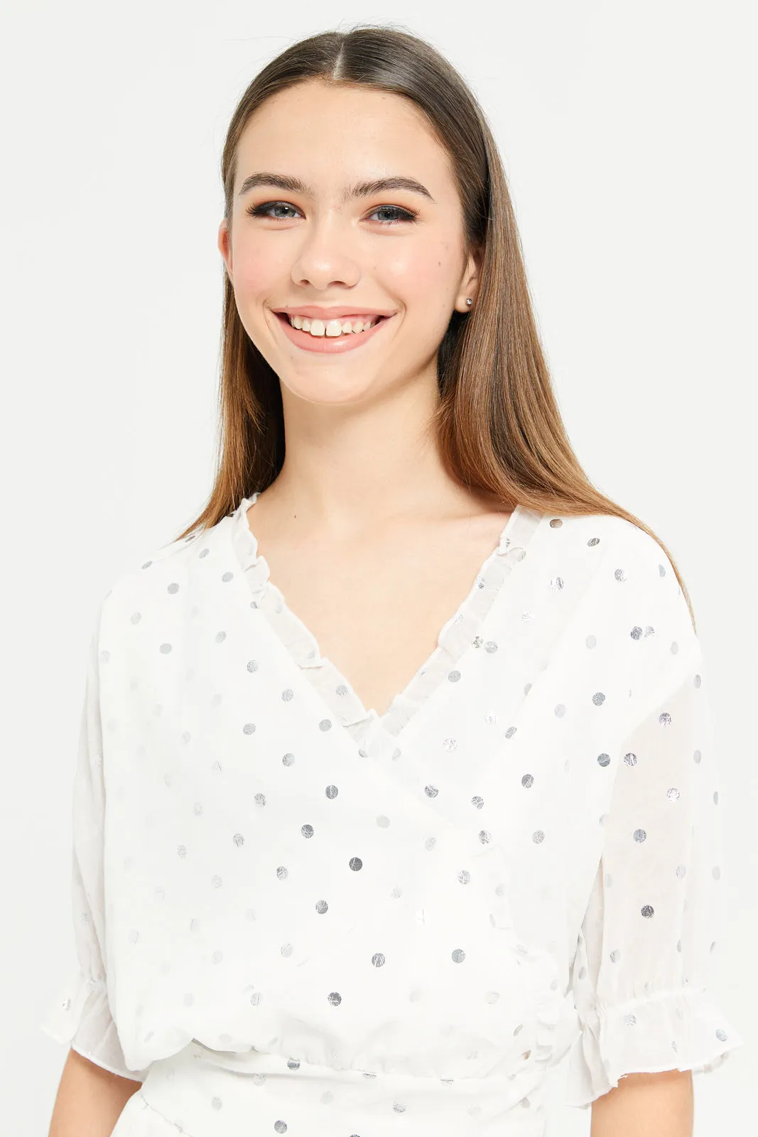 Senior Girls White Chiffon Polka Dots Blouse