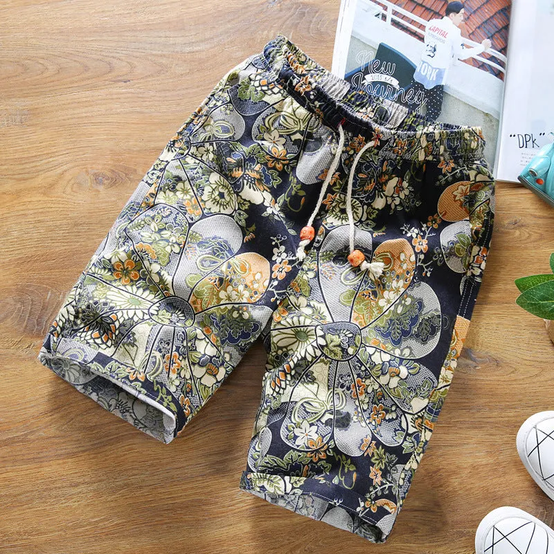 Summer Men Straight Casual Pants Trendy Stretchable Personality Printed Mid-Length Beach Pants