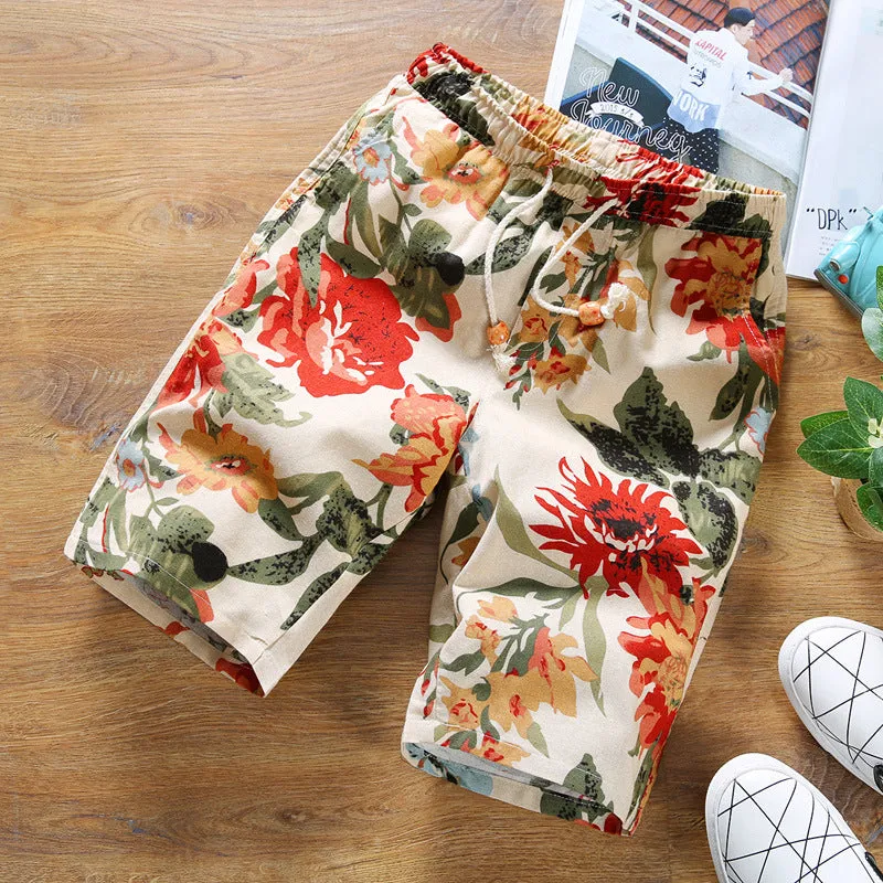 Summer Men Straight Casual Pants Trendy Stretchable Personality Printed Mid-Length Beach Pants