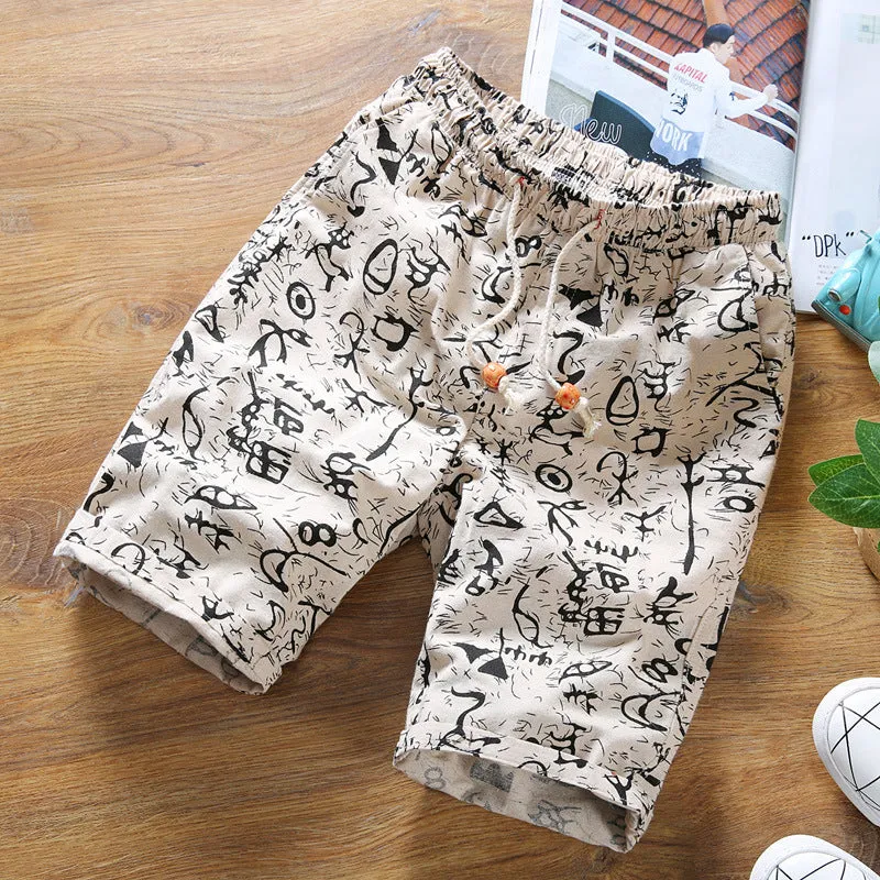 Summer Men Straight Casual Pants Trendy Stretchable Personality Printed Mid-Length Beach Pants