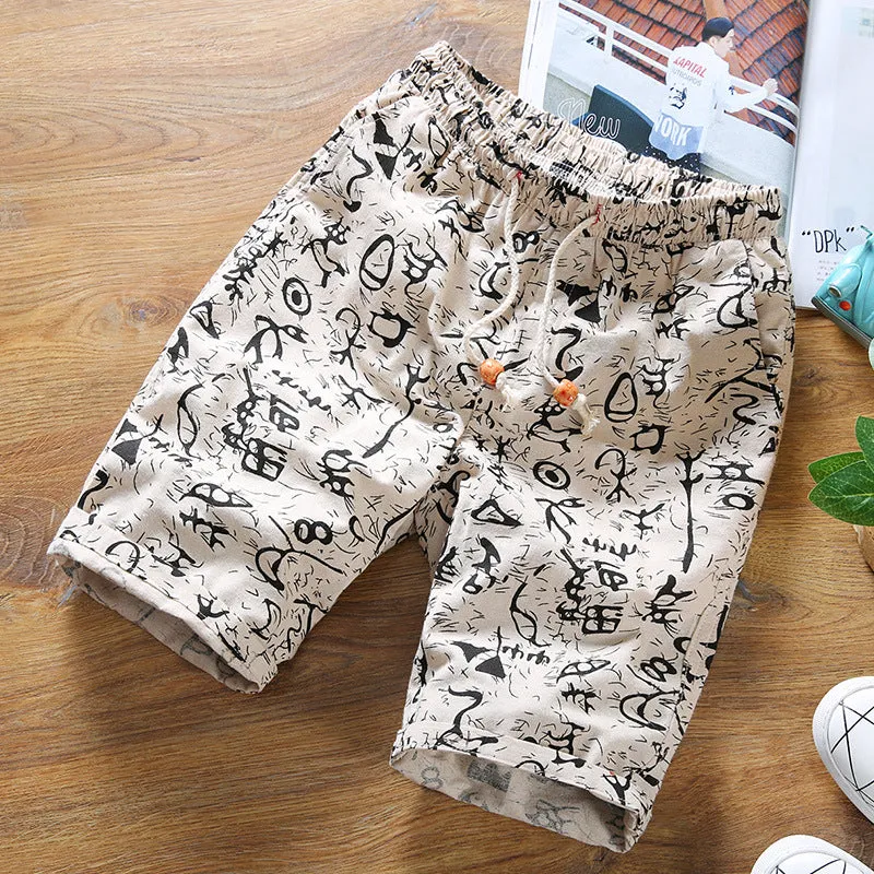 Summer Men Straight Casual Pants Trendy Stretchable Personality Printed Mid-Length Beach Pants