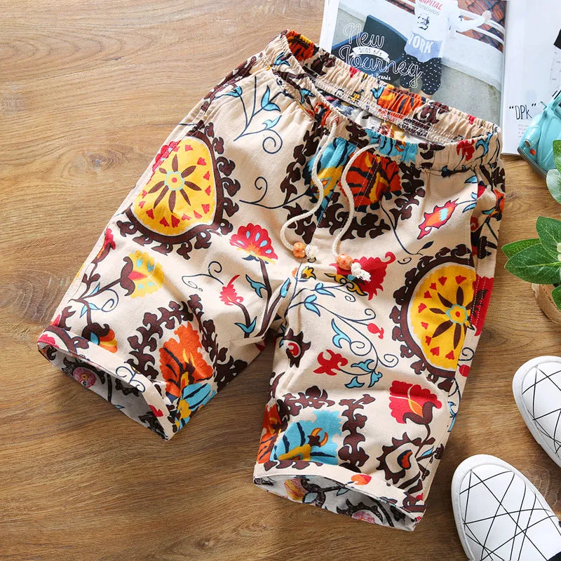 Summer Men Straight Casual Pants Trendy Stretchable Personality Printed Mid-Length Beach Pants