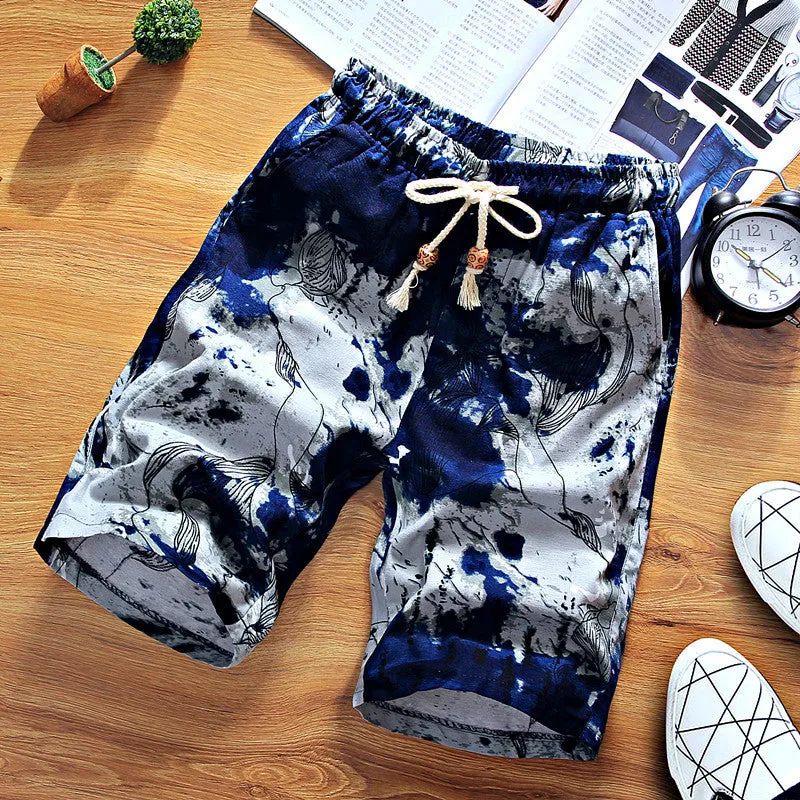 Summer Men Straight Casual Pants Trendy Stretchable Personality Printed Mid-Length Beach Pants