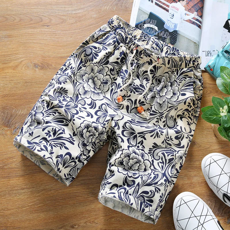 Summer Men Straight Casual Pants Trendy Stretchable Personality Printed Mid-Length Beach Pants