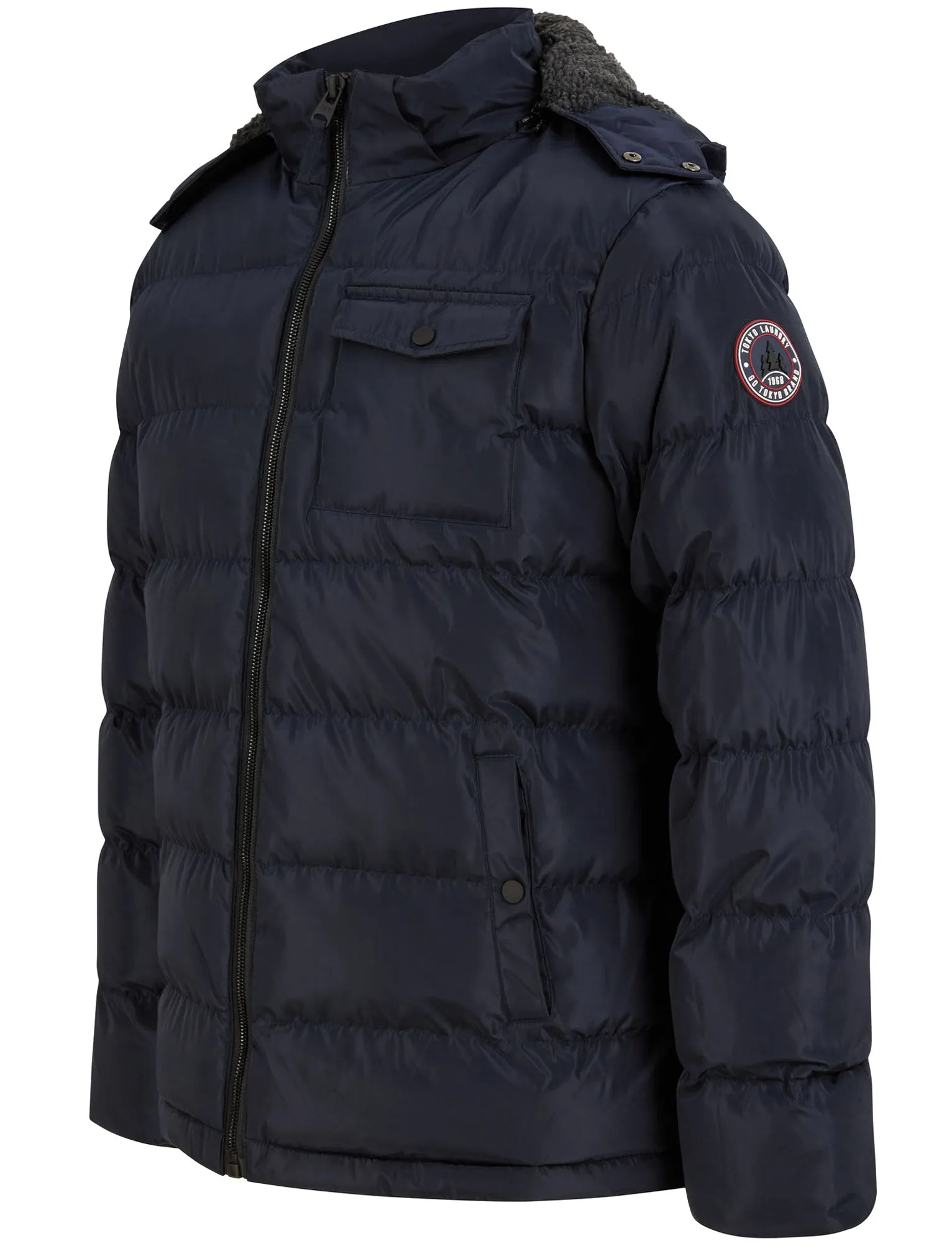 Texcoco Borg Lined Quilted Puffer Jacket with Detachable Hood in Sky Captain Navy - Tokyo Laundry Active Tech