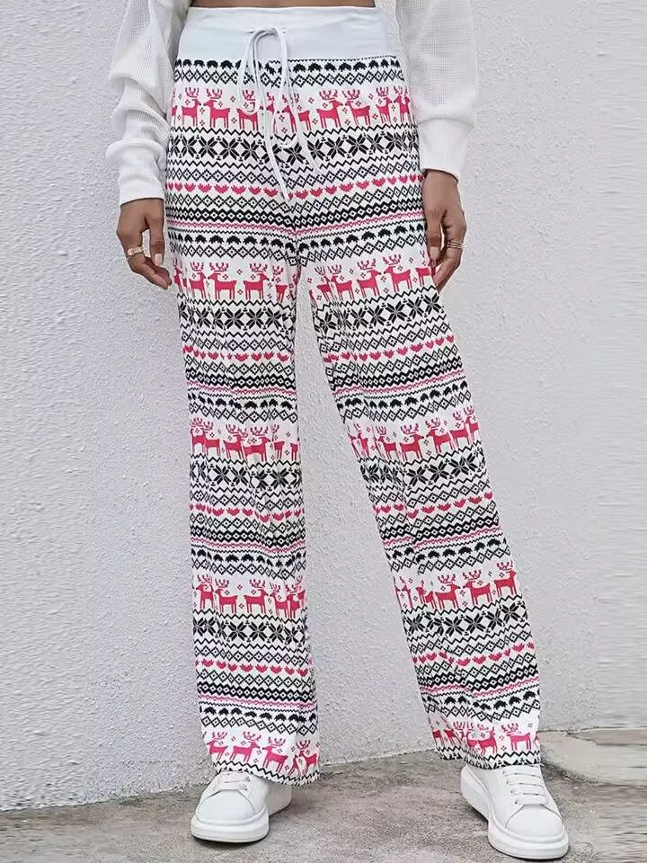 Tie-Waist Casual Long Pants - Stylish Loose-Fit Christmas Print Trousers for Women