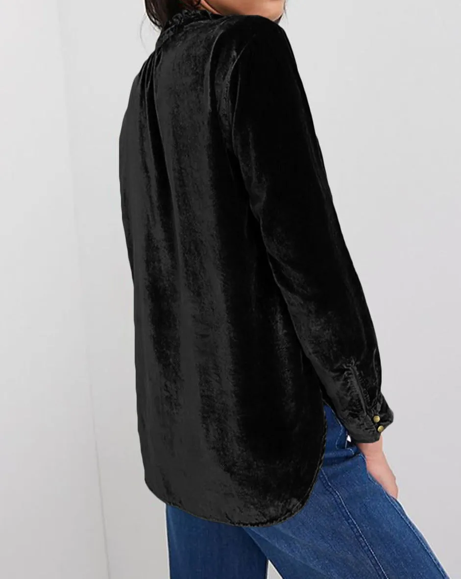 Velvet Frilled Neck Buttoned Top