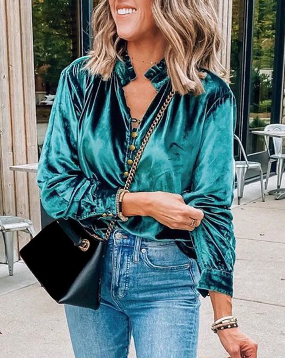 Velvet Frilled Neck Buttoned Top