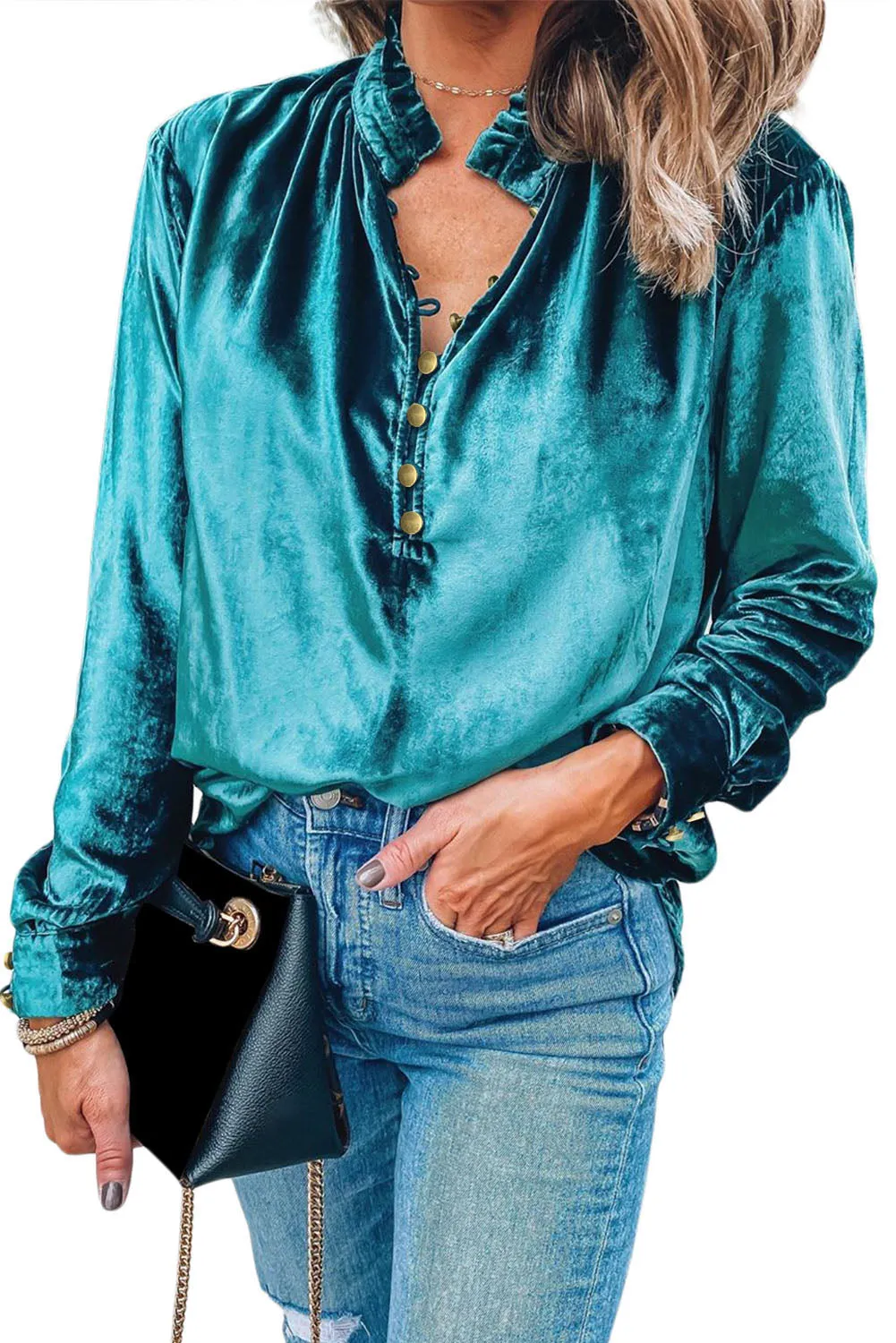 Velvet Frilled Neck Buttoned Top