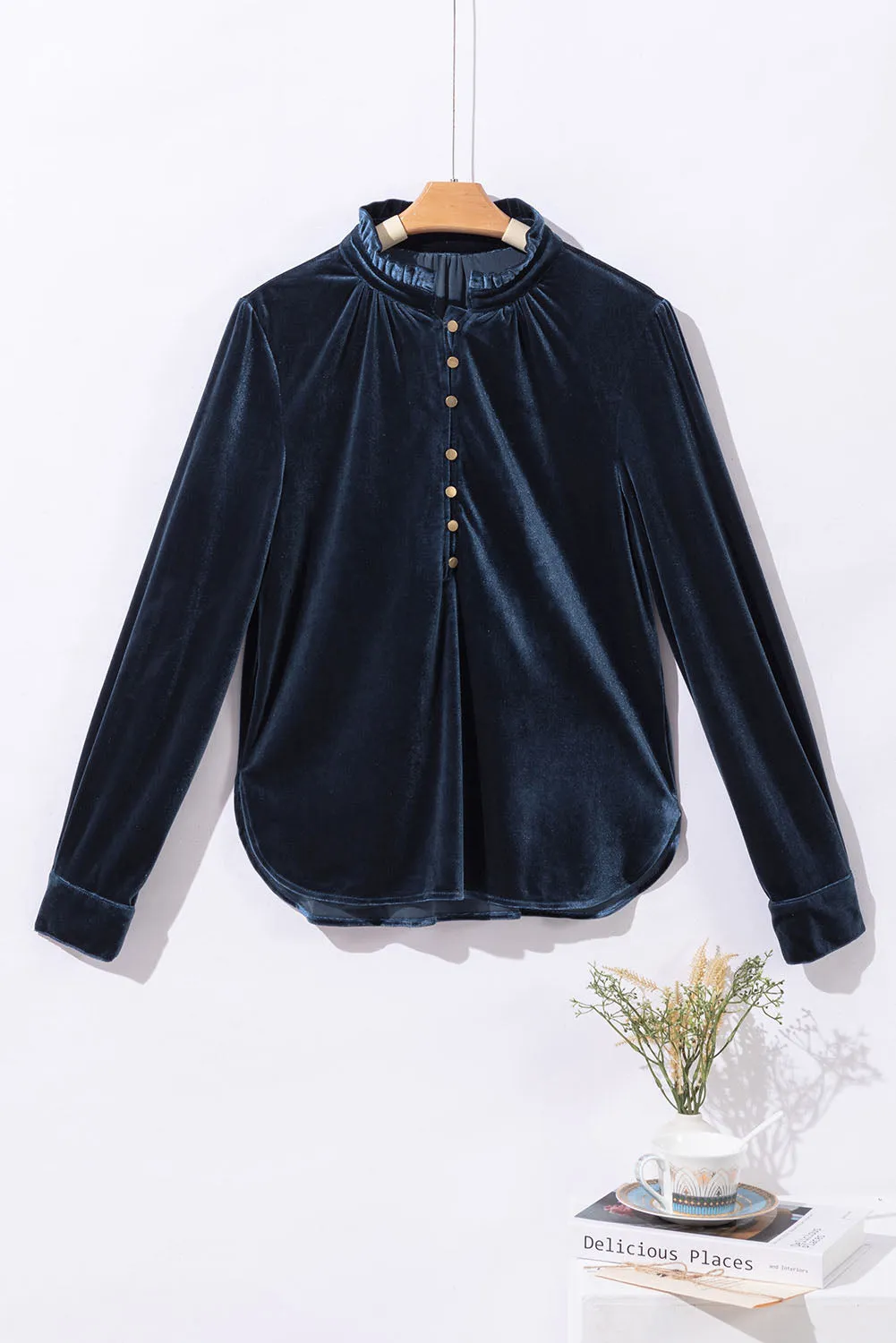 Velvet Frilled Neck Buttoned Top