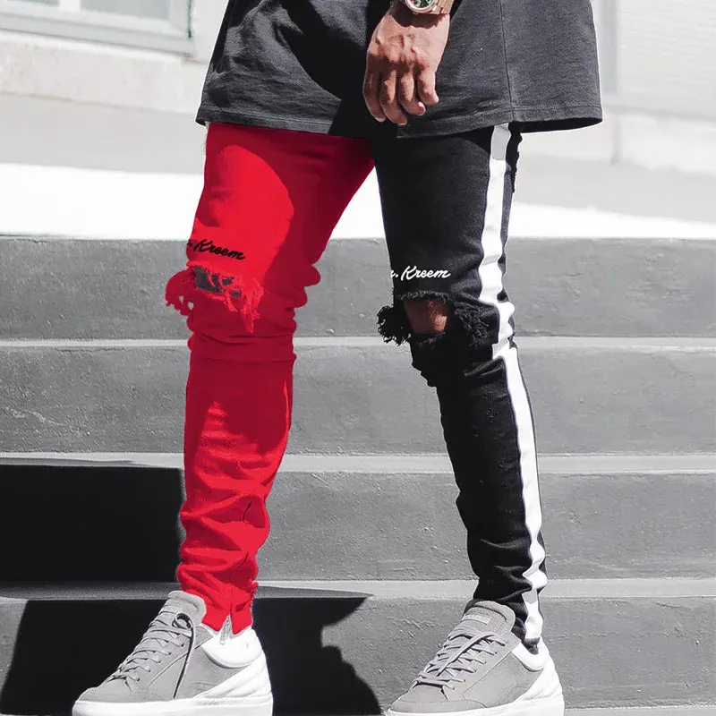 WIAOFELLAS  -  Men's Outdated Trendy Perforated Pants Two Pants With Different Colors Torn Knees Hip-hop Tight Jeans Stretch Trousers