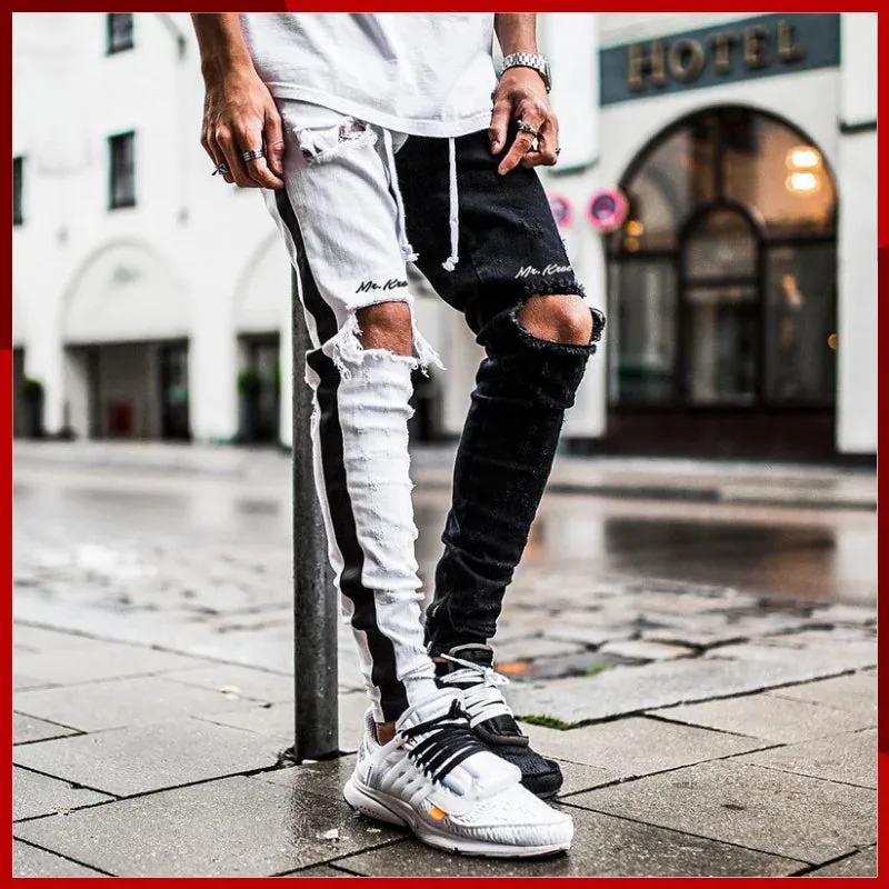 WIAOFELLAS  -  Men's Outdated Trendy Perforated Pants Two Pants With Different Colors Torn Knees Hip-hop Tight Jeans Stretch Trousers