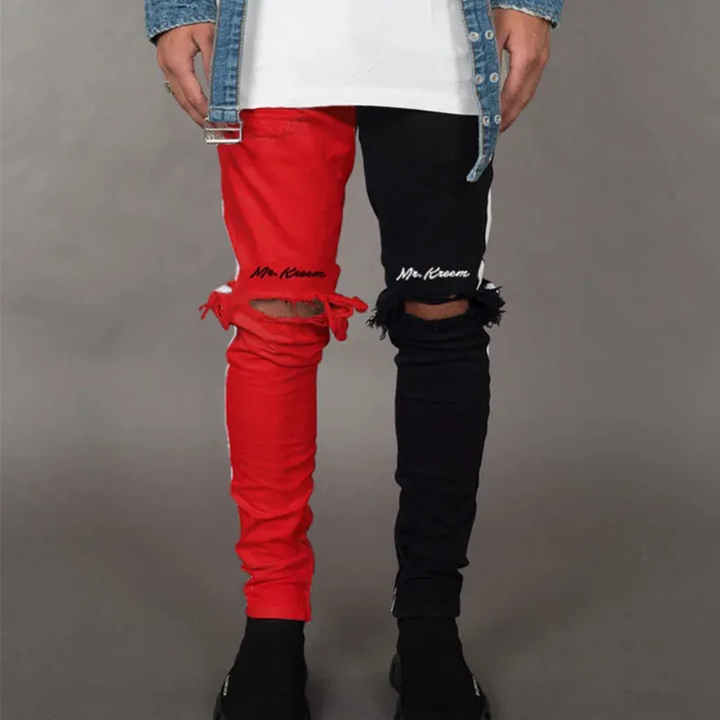 WIAOFELLAS  -  Men's Outdated Trendy Perforated Pants Two Pants With Different Colors Torn Knees Hip-hop Tight Jeans Stretch Trousers