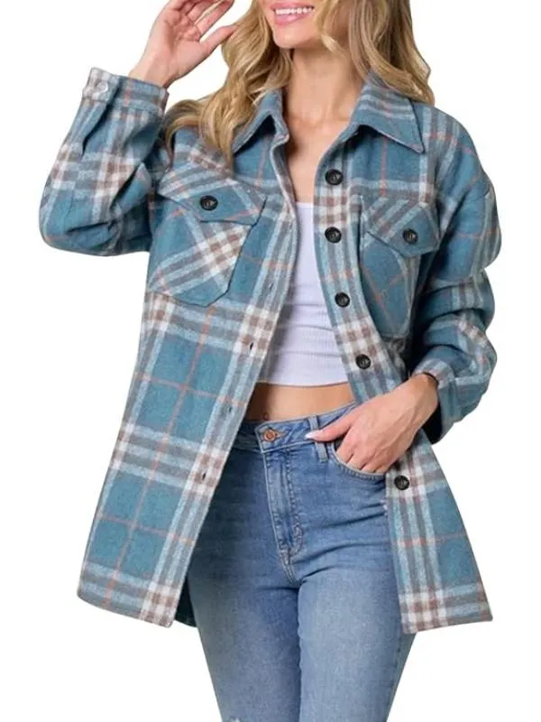 Women Plaid Pattern Button Down Jacket