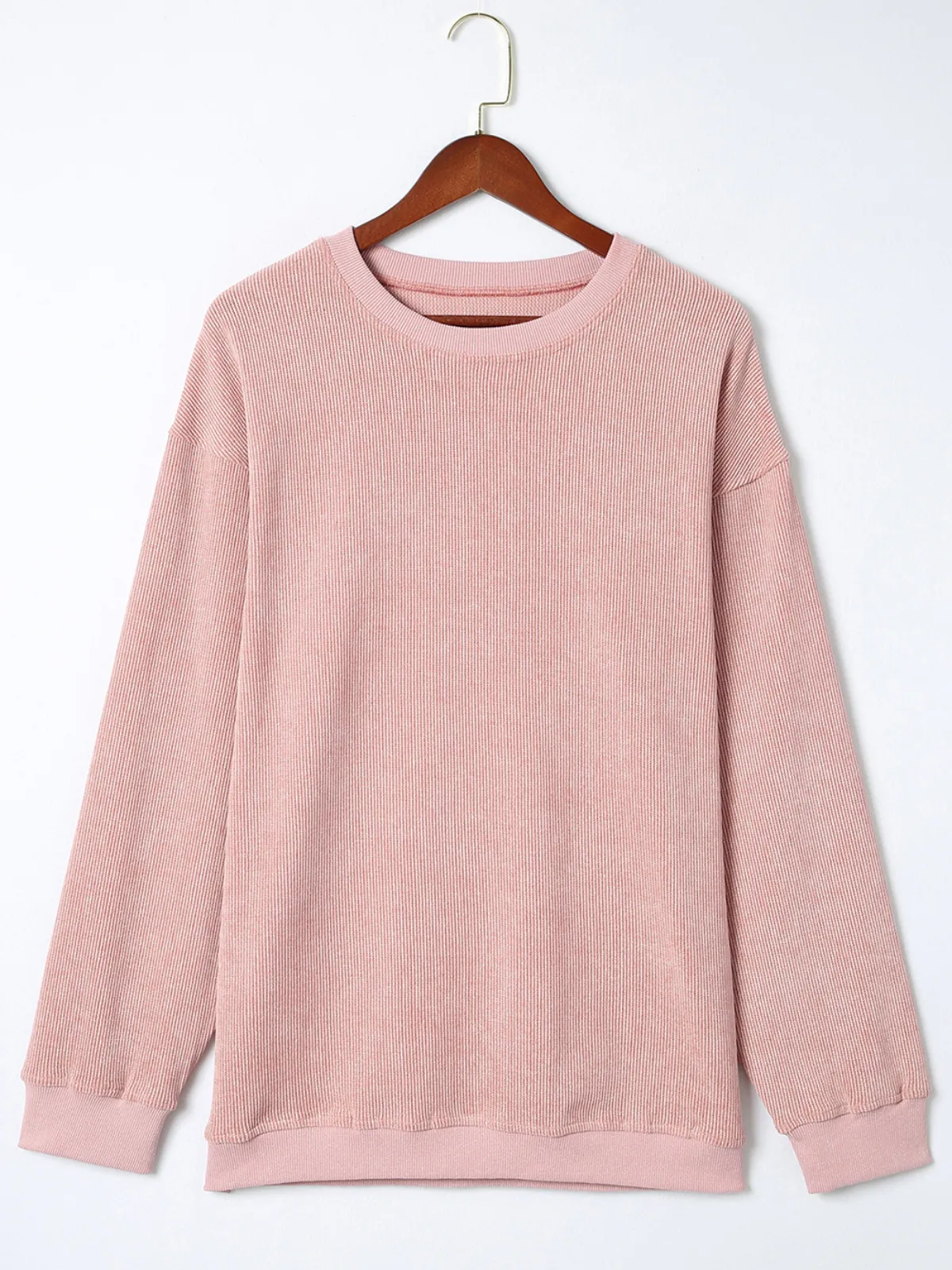 Womens Pink Solid Ribbed Knit Round Neck Pullover Sweatshirt