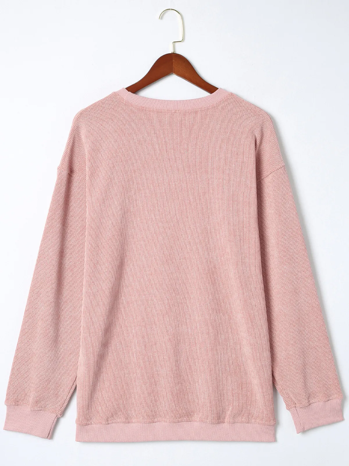 Womens Pink Solid Ribbed Knit Round Neck Pullover Sweatshirt